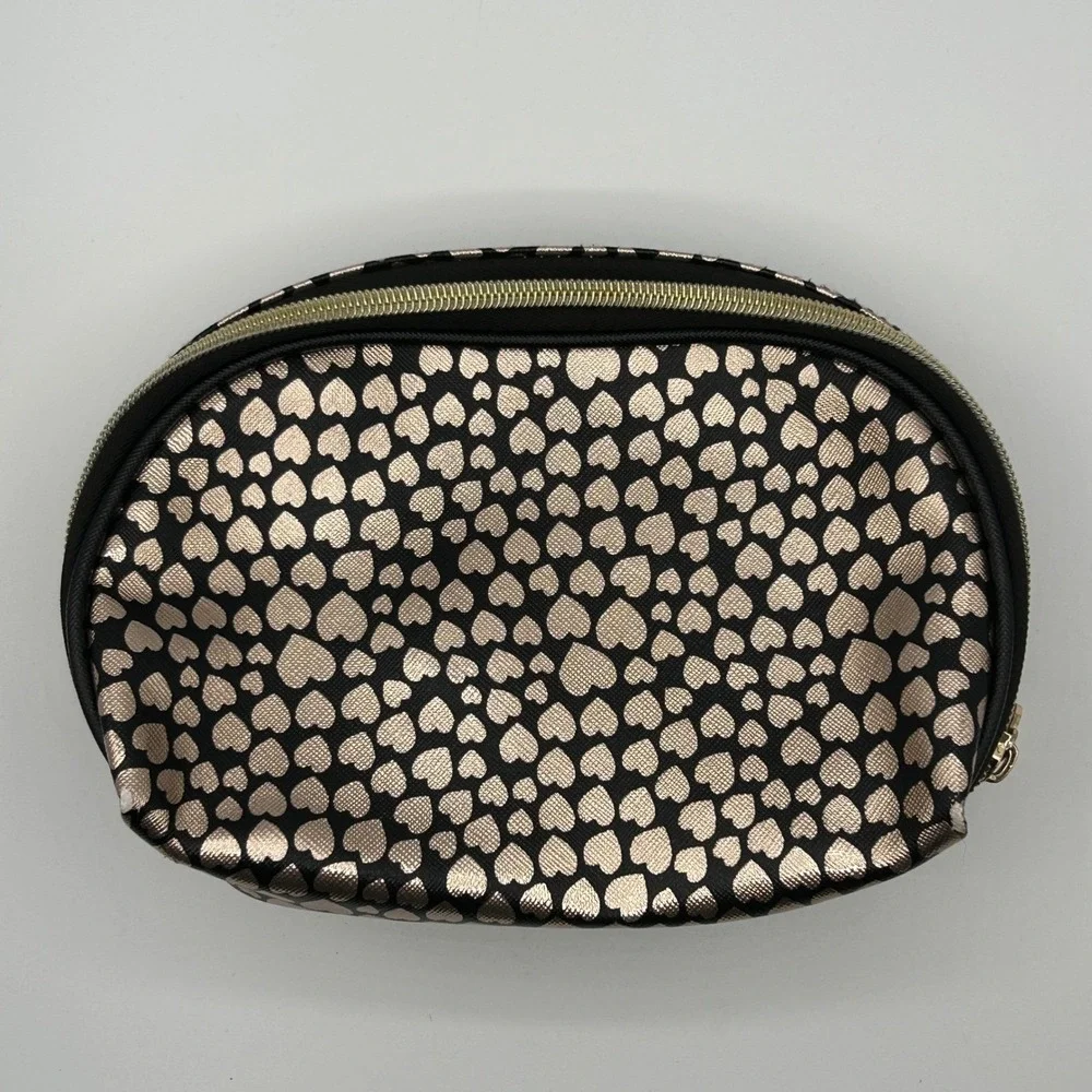 Dabney Lee Hearts Print Zebra Double Zipper Makeup Pouch Travel Made in Cambodia